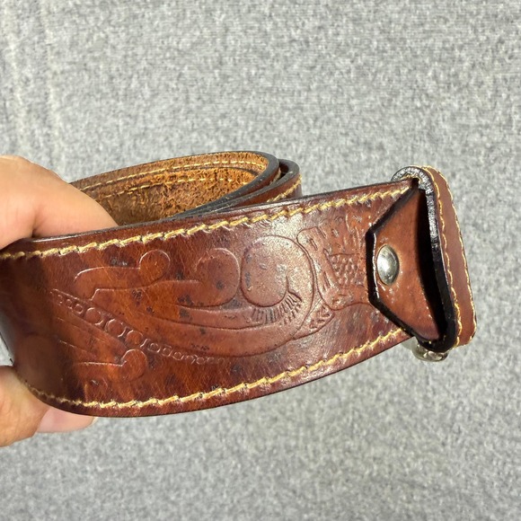 Accessories - Vintage Y2K Brown Tooled Leather Floral Bird Embossed Belt Silver Buckle Boho SM